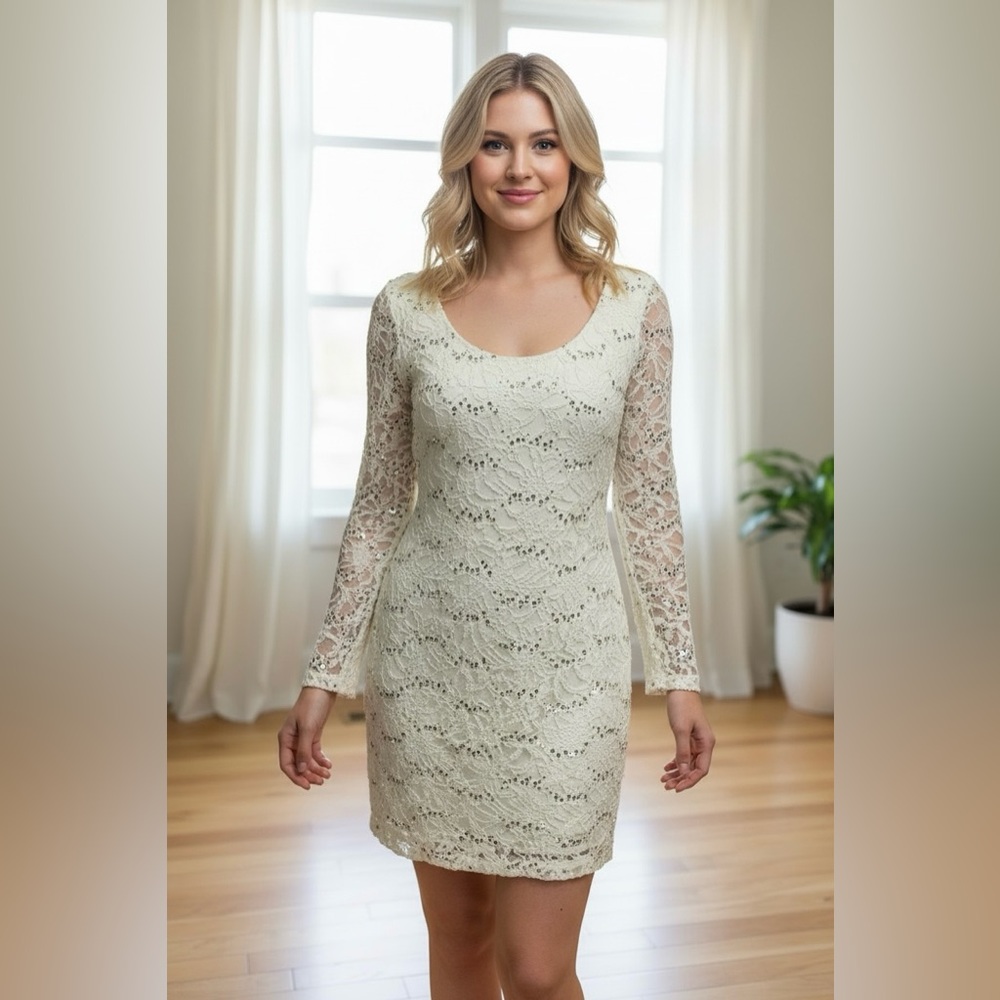 Ruby Rox Ivory Lace Long-Sleeve Scoop Neck Dress